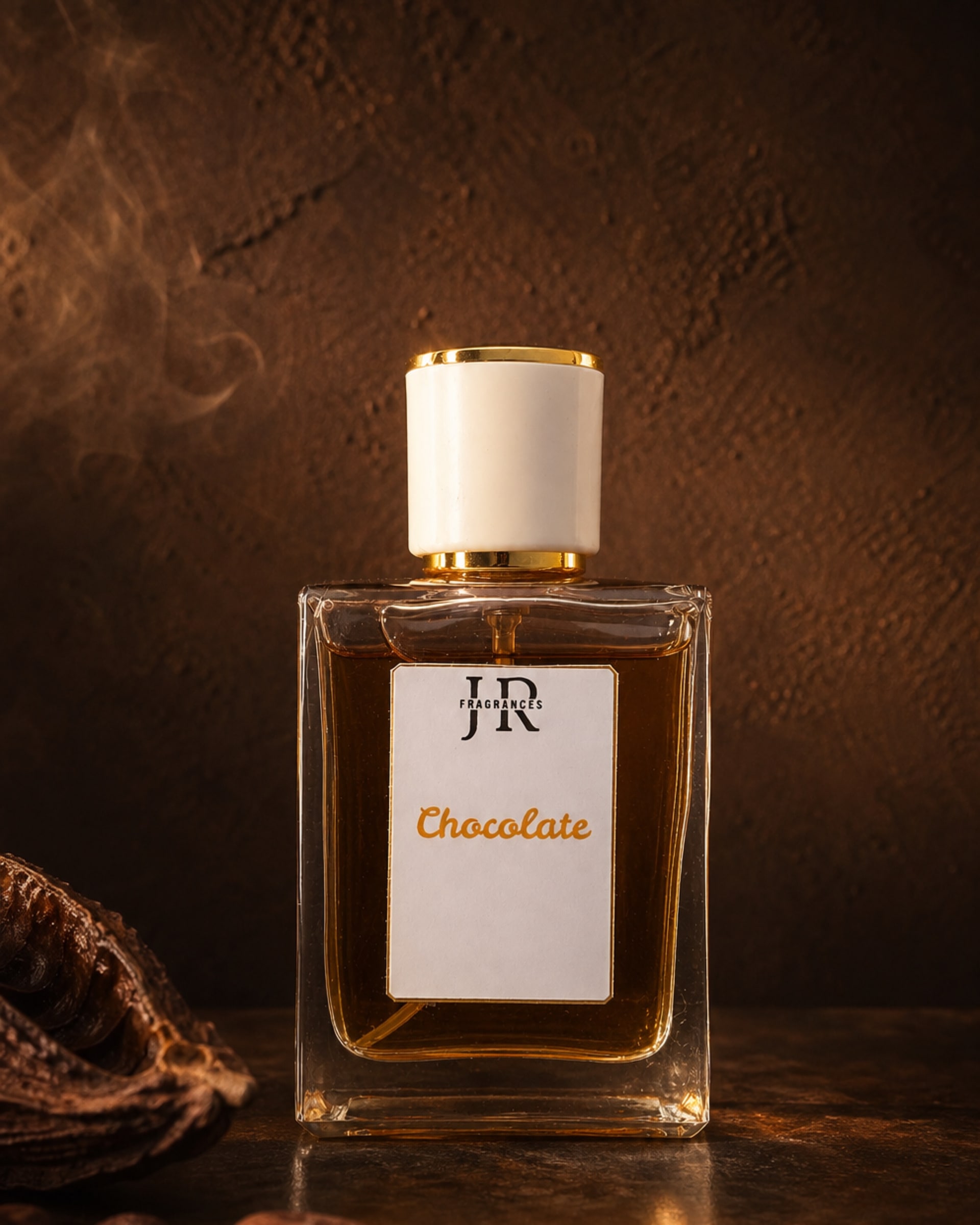 Chocolate fragrance bottle in a dark cocoa studio
