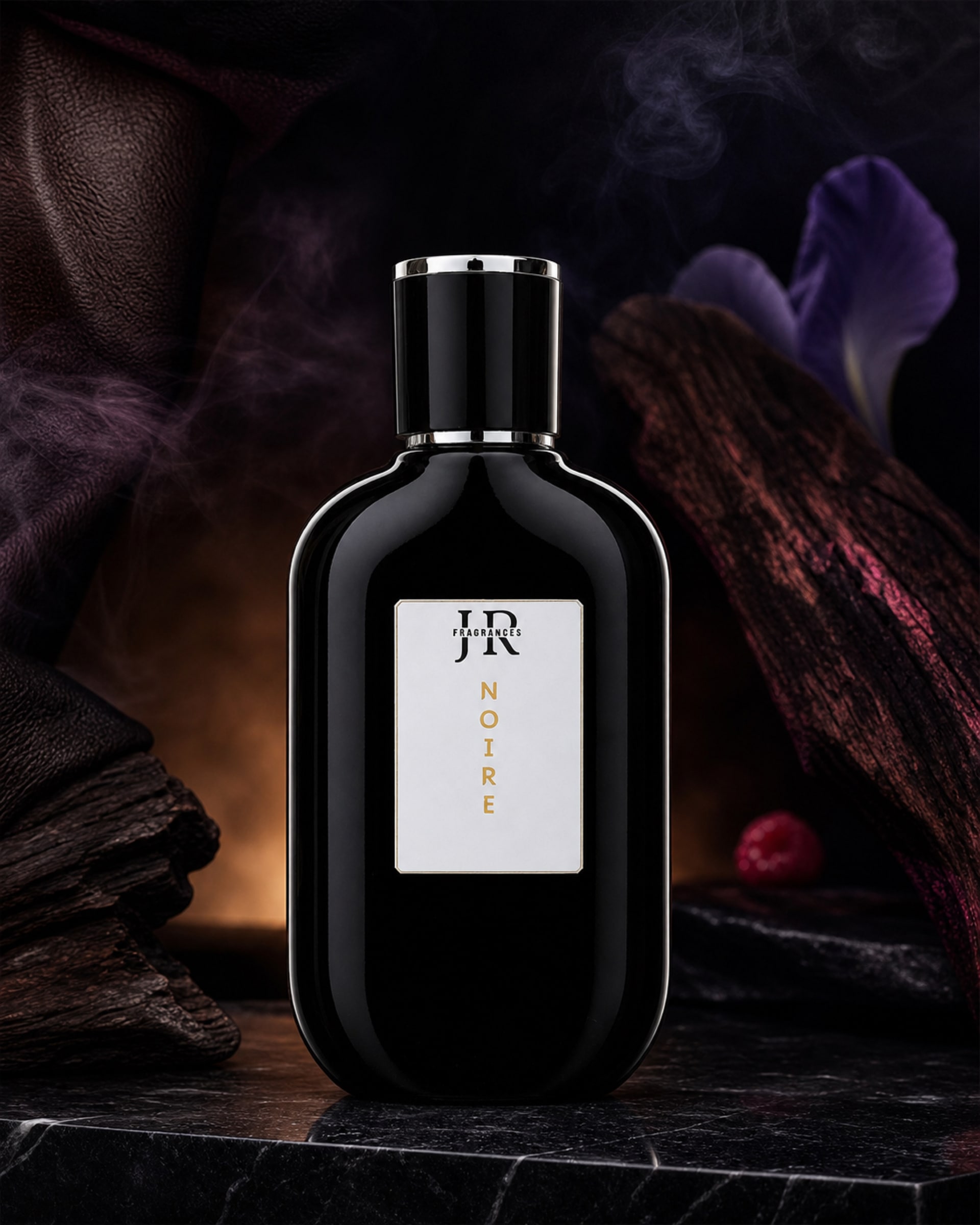 Noire bottle in a dark royal studio