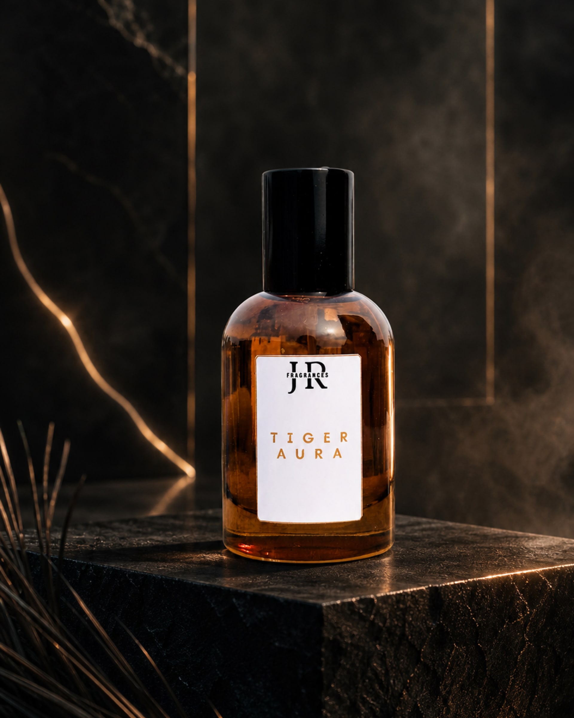 Tiger Aura bottle in a nocturnal studio