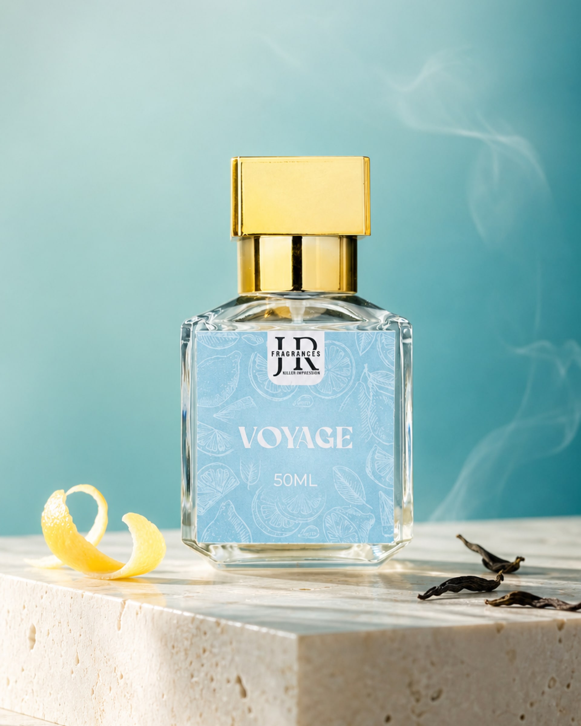Voyage bottle in a teal studio