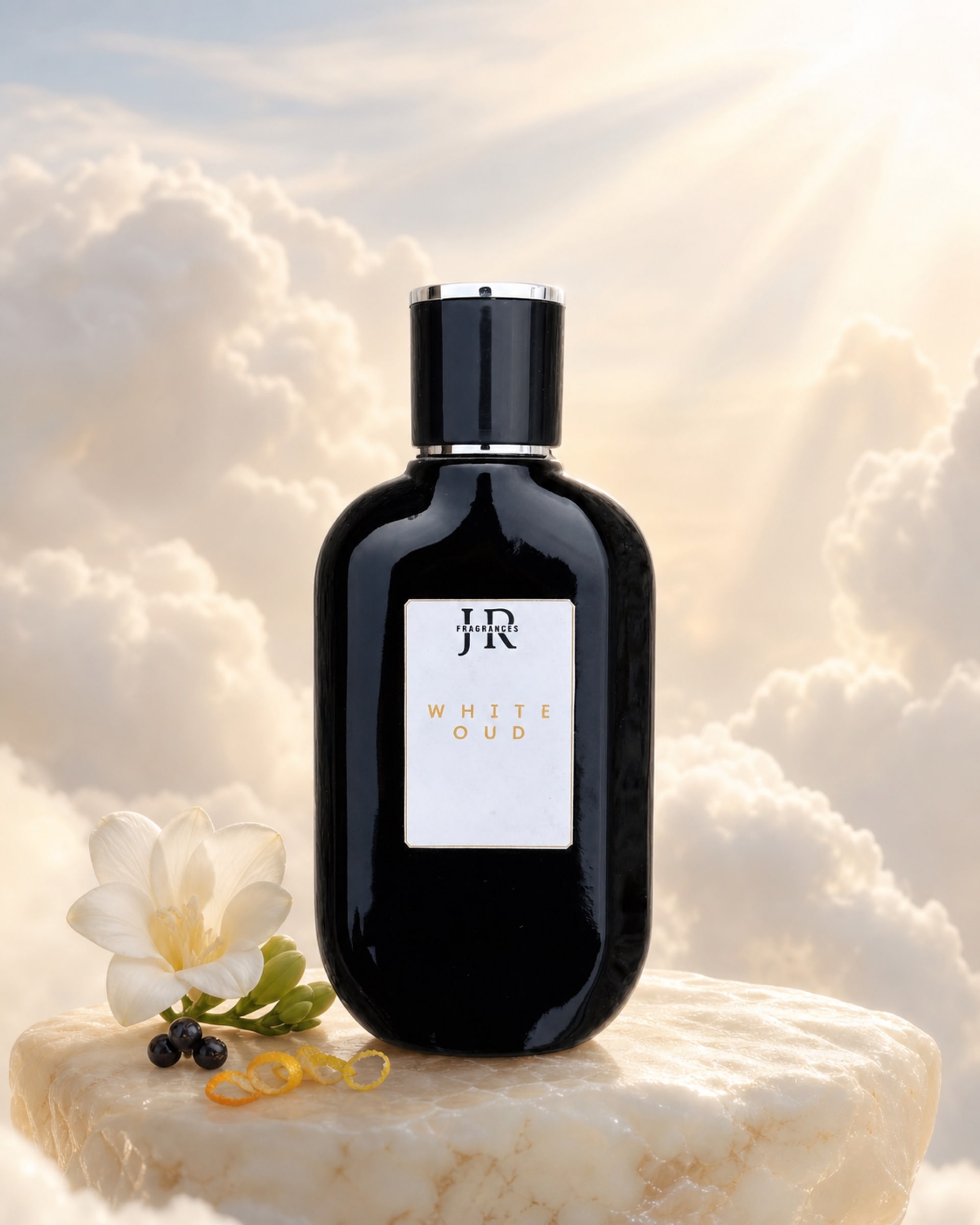 White Oud bottle in a celestial pearl studio